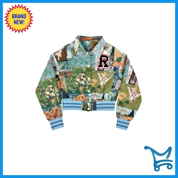 Cropped Floral Bomber Jacket, Lightweight Polyester, Button Down, Casual - Picture 4 of 5